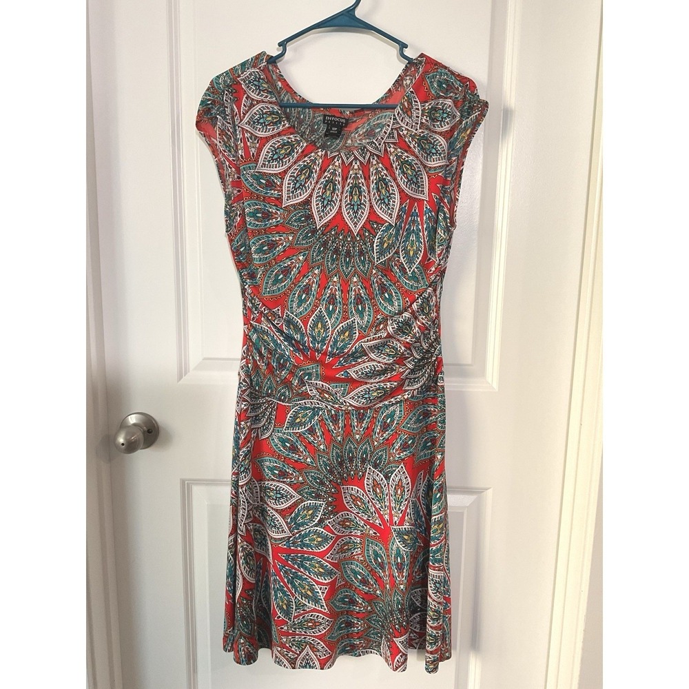 EN Focus Petite‎ Womens 10P Orange Paisley Ruched Sheath Midi Dress Petite 10